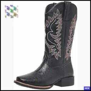 Western Cowboy Boots Low Chunky Heel Square Toe Wide Calf Embroidery